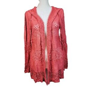 Love Ellie Coral Pointelle Knit Hooded Open Cardigan Sweater Large Crochet Style